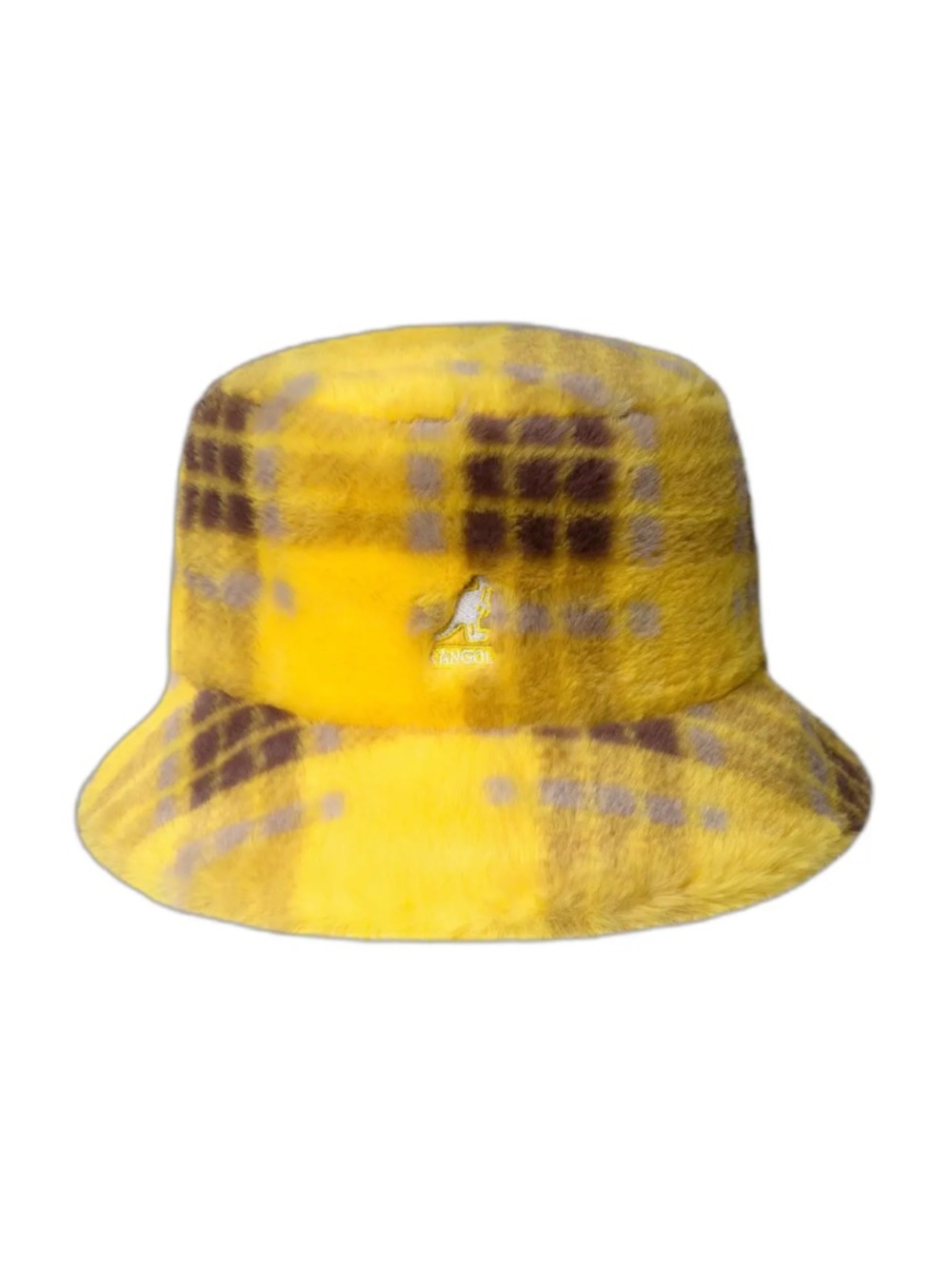 Kangol Faux Fur Bucket Hat K4370 Yellow Plaid Fuzzy Logo Size Small S NWT
